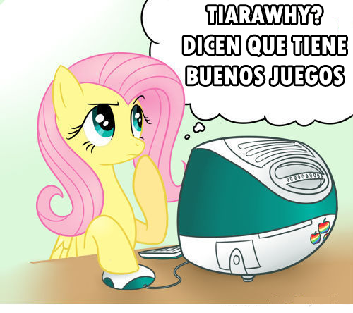 Size: 500x444 | Tagged: apple (company), computer, derpibooru import, esto va a acabar en lagrimas, fluttershy, imac, imac g3, safe, spanish