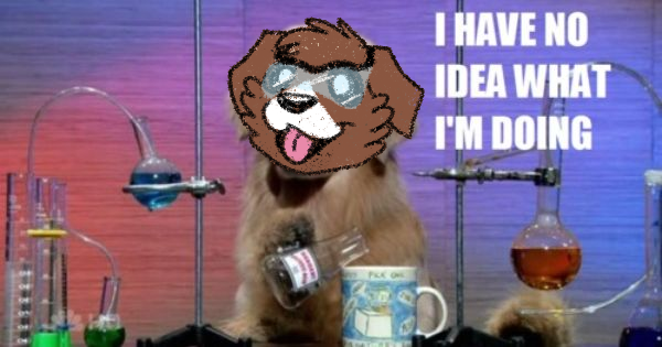 Size: 600x315 | Tagged: safe, artist:askwinonadog, derpibooru import, edit, winona, dog, ask winona, ask, beaker, description is relevant, has science gone too far?, i have no idea what i'm doing, mug, photo, safety goggles, science, solo, tongue out, tumblr