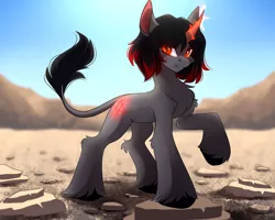 Size: 900x720 | Tagged: safe, artist:airiniblock, derpibooru import, oc, oc:ada, unofficial characters only, pony, unicorn, cloven hooves, commission, cutie mark, d'lirium, desert, raised hoof, scenery, solo