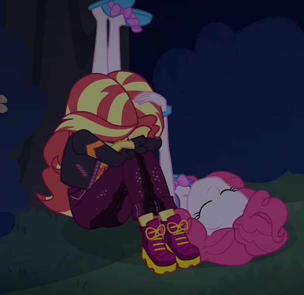 Size: 1112x1080 | Tagged: suggestive, artist:the_real_me, deleted from derpibooru, derpibooru import, edit, edited screencap, screencap, pinkie pie, sunset shimmer, equestria girls, equestria girls series, sunset's backstage pass!, spoiler:eqg series (season 2), cropped, duo, fetish, head pat, pat, pee edit, pissing, pixiv, urine, watersports, wetting