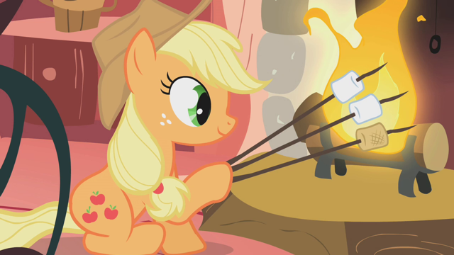 Size: 640x360 | Tagged: safe, derpibooru import, screencap, applejack, earth pony, pony, look before you sleep, applejack's special marshmallows, cropped, dexterous hooves, exploitable meme, female, fire, fireplace, food, hoof hold, mare, marshmallow, meme, meme origin, solo