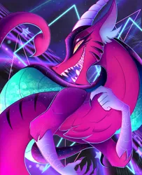 Size: 3000x3700 | Tagged: abstract background, artist:keanuvyfoxy09, claws, cosmos (character), creepy, creepy smile, derpibooru import, draconequus, evil, evil grin, female, grin, horns, idw, nightmare fuel, open mouth, safe, smiling, solo, stars