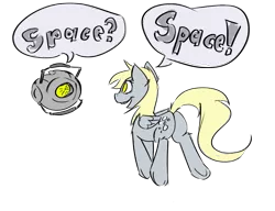 Size: 1067x821 | Tagged: safe, artist:cider, derpibooru import, derpy hooves, pegasus, pony, 30 minute art challenge, crossover, female, mare, personality core, portal (valve), space core