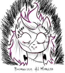 Size: 3016x3392 | Tagged: safe, artist:coco-drillo, derpibooru import, pinkie pie, earth pony, monster pony, pony, alternate hairstyle, frankenstein's monster, inktober, inktober 2019, monster, monster mare, pinktober, scar, solo, stitches, white eyes