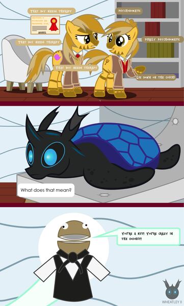 Size: 1418x2356 | Tagged: safe, artist:wheatley r.h., derpibooru import, oc, oc:axóchitl, oc:w. rhinestone eyes, unofficial characters only, changeling, earth pony, hybrid, pony, zony, alternate cutie mark, blue changeling, bookshelf, chair, changeling oc, coconut, comic, couch, diploma, food, frontier psychiatrist, implied oc, psychologist, puppet, sea turtle, song reference, speech bubble, the avalanches, vector, watermark, zony oc