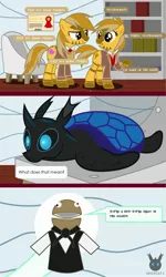 Size: 1418x2356 | Tagged: safe, artist:wheatley r.h., derpibooru import, oc, oc:axóchitl, oc:w. rhinestone eyes, unofficial characters only, changeling, earth pony, hybrid, pony, zony, alternate cutie mark, blue changeling, bookshelf, chair, changeling oc, coconut, comic, couch, diploma, food, frontier psychiatrist, implied oc, psychologist, puppet, sea turtle, song reference, speech bubble, the avalanches, vector, watermark, zony oc