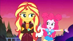 Size: 1920x1080 | Tagged: safe, derpibooru import, screencap, max steele, pinkie pie, sunset shimmer, equestria girls, equestria girls series, sunset's backstage pass!, spoiler:eqg series (season 2), clothes, crossed arms, cute, diapinkes, female, geode of sugar bombs, jacket, magical geodes, male, raised eyebrow, security guard, shimmerbetes, smiling