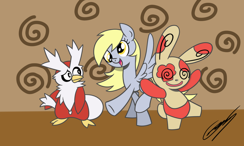 Size: 2000x1200 | Tagged: safe, artist:gearholder, derpibooru import, derpy hooves, delibird, pegasus, pony, spinda, crossover, derp, female, mare, pokémon, swirly eyes