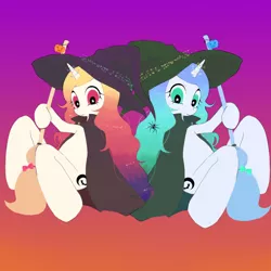 Size: 1024x1024 | Tagged: artist needed, source needed, safe, derpibooru import, oc, unofficial characters only, pony, broom, duo, female, halloween, hat, holiday, mare, witch, witch hat, witch's broom