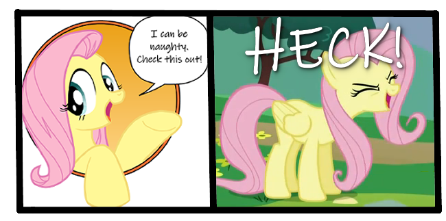 Size: 650x323 | Tagged: derpibooru import, edit, edited screencap, fluttershy, heck, idw, language, painfully innocent fluttershy, safe, screencap, sonic rainboom (episode), spoiler:comic