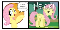 Size: 650x323 | Tagged: derpibooru import, edit, edited screencap, fluttershy, heck, idw, language, painfully innocent fluttershy, safe, screencap, sonic rainboom (episode), spoiler:comic