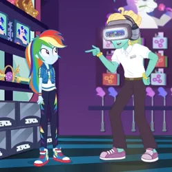 Size: 627x630 | Tagged: safe, derpibooru import, screencap, rainbow dash, zephyr breeze, equestria girls, equestria girls series, holidays unwrapped, spoiler:eqg series (season 2), clothes, cropped, dashing through the mall, female, geode of super speed, magical geodes, male, no socks, pants, shoes, smiling, sneakers, toy, vr headset