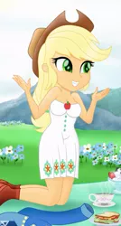 Size: 517x967 | Tagged: safe, artist:theretroart88, derpibooru import, edit, editor:thomasfan45, applejack, equestria girls, equestria girls series, spoiler:eqg series (season 2), applejack's hat, bare arms, beautiful, clothes, cowboy hat, cropped, cup, cute, discarded clothing, dress, field, food, grass, happy, hat, jackabetes, kneeling, legs, picnic, picnic blanket, sandwich, sexy, smiling, solo, tea, teacup