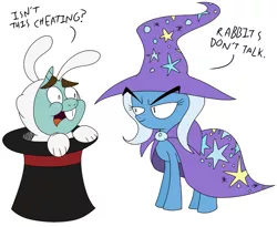 Size: 825x675 | Tagged: animal costume, artist:corwin, bunny costume, bunny out of the hat, cape, clothes, costume, dead source, derpibooru import, dialogue, hat, magic trick, safe, simple background, snips, top hat, trixie, trixie's cape, trixie's hat, white background