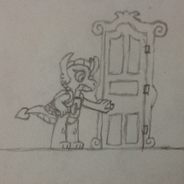 Size: 720x720 | Tagged: artist:tarkan809, derpibooru import, door, dragon, dragoness, drawing, female, luigi's mansion, monochrome, parody, pencil drawing, poltergust 5000, safe, scared, smolder, traditional art