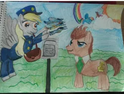 Size: 720x544 | Tagged: safe, artist:king westonian, derpibooru import, derpy hooves, doctor whooves, fleetfoot, rainbow dash, scootaloo, soarin', spitfire, time turner, earth pony, pegasus, pony, clothes, cloud, hat, mail, mailbag, mailbox, mailmare, mailpony, necktie, rainbow, sky, sun, traditional art, uniform, wonderbolts, wonderbolts uniform