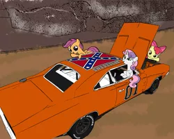 Size: 811x649 | Tagged: safe, derpibooru import, apple bloom, scootaloo, sweetie belle, pony, unicorn, car, confederate flag, cutie mark crusaders, dodge (car), dodge charger, dukes of hazzard, general lee