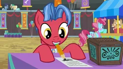 Size: 1920x1080 | Tagged: safe, derpibooru import, screencap, biscuit, culinary art (character), cup cake, unnamed character, unnamed pony, earth pony, pony, growing up is hard to do, background pony, female, male, mare, mouth hold, mr. food, pencil, stallion