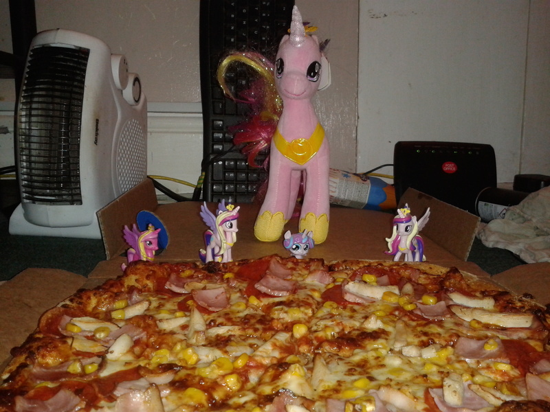 Size: 2560x1920 | Tagged: safe, artist:westrail642fan, derpibooru import, princess cadance, princess flurry heart, alicorn, pony, domino's pizza, food, ham, heater, irl, keyboard, meat, merchandise, peetzer, photo, pizza, router, that pony sure does love pizza