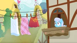 Size: 1680x937 | Tagged: safe, derpibooru import, screencap, linky, shoeshine, pony, the big mac question, clothes line, shoeshine's window, solo