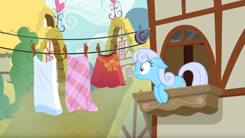 Size: 1675x943 | Tagged: safe, derpibooru import, screencap, linky, shoeshine, pony, the big mac question, clothes line, shoeshine's window, solo