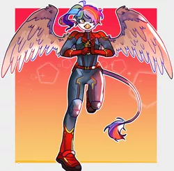 Size: 1280x1260 | Tagged: safe, artist:milky-rabbit, derpibooru import, oc, oc:rainbow feather, anthro, gryphon, hippogriff, plantigrade anthro, captain marvel, captain marvel (marvel), clothes, cosplay, costume, griffon oc, interspecies offspring, magical lesbian spawn, multicolored hair, offspring, parent:gilda, parent:rainbow dash, parents:gildash, rainbow hair, solo, superhero