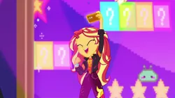 Size: 1920x1080 | Tagged: safe, derpibooru import, screencap, sunset shimmer, equestria girls, equestria girls series, the last drop, spoiler:choose your own ending (season 2), spoiler:eqg series (season 2), clothes, female, geode of empathy, happy, jacket, magical geodes, mobile phone, phone, smartphone, smiling, solo, the last drop: sunset shimmer