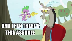 Size: 800x450 | Tagged: safe, derpibooru import, edit, edited screencap, screencap, discord, spike, draconequus, dragon, the big mac question, and then there's this asshole, apple, apple tree, chair, claws, discord is not amused, disembodied hand, food, hand, meme, modular, sweet apple acres, text, tree, unamused, vulgar