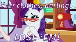 Size: 800x450 | Tagged: safe, derpibooru import, edit, edited screencap, editor:jdmiles, screencap, rarity, pony, unicorn, she's all yak, bedroom eyes, caption, carousel boutique, darling, female, grin, hooves together, lidded eyes, mannequin, mare, raised eyebrow, rarity's glasses, sewing machine, sitting, smiling, solo, text, we don't normally wear clothes
