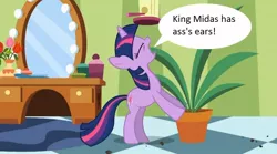 Size: 854x475 | Tagged: derpibooru import, edit, edited screencap, exploitable meme, forced meme, greek mythology, green isn't your color, meme, potted plant, safe, screencap, secret pot meme, solo, speech bubble, twilight sparkle