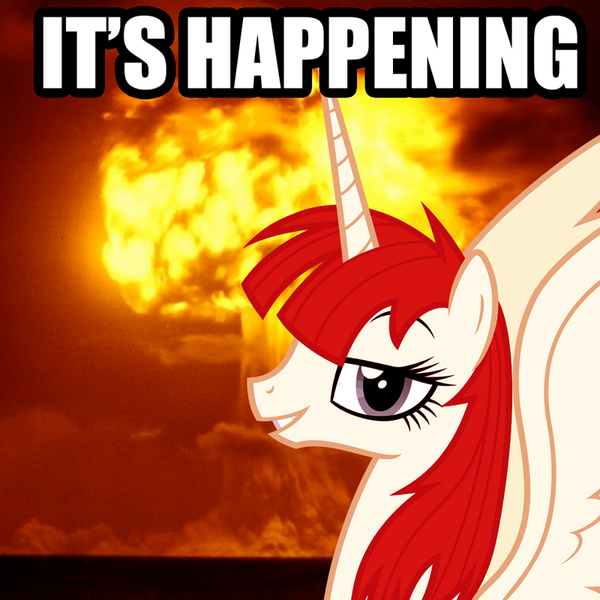 Size: 800x800 | Tagged: alicorn, caption, derpibooru import, doom faust, doom paul, exploitable meme, explosion, female, image macro, it's happening, lauren faust, looking at you, mare, meme, oc, oc:fausticorn, safe, solo, text, unofficial characters only