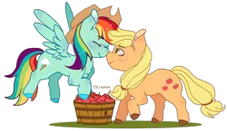 Size: 1175x680 | Tagged: safe, artist:chisanamichin, derpibooru import, applejack, rainbow dash, earth pony, pegasus, pony, accessory swap, apple, appledash, applejack's hat, basket, boop, cowboy hat, eyes closed, female, food, hat, lesbian, noseboop, nuzzling, shipping, simple background, transparent background