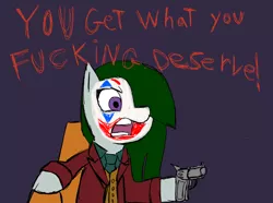 Size: 1814x1346 | Tagged: semi-grimdark, artist:rigamortis_man, derpibooru import, marble pie, ponified, pony, arthur fleck, clothes, female, gun, handgun, hoof hold, incelpie, joker (2019), joker movie, revolver, solo, spoilers for another series, suit, the joker, this will end in death, we live in a society, weapon