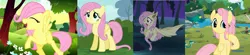 Size: 2259x500 | Tagged: safe, derpibooru import, screencap, fluttershy, bat pony, bird, butterfly, duck, pegasus, pony, snake, bats!, it ain't easy being breezies, the cutie mark chronicles, the last problem, age progression, bat ponified, cute, female, filly, filly fluttershy, flutterbat, older, older fluttershy, race swap, shyabetes, so many wonders, solo, younger