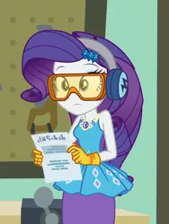 Size: 754x1003 | Tagged: safe, derpibooru import, screencap, rarity, equestria girls, equestria girls series, schedule swap, spoiler:eqg series (season 2), bracelet, canterlot high, classroom, clothes, cropped, earmuffs, female, geode of shielding, gloves, goggles, jewelry, magical geodes, paper, safety goggles, saw, solo, tool board, vise, workbench