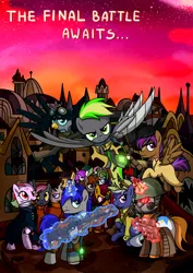Size: 3508x4961 | Tagged: safe, artist:x-blackpearl-x, derpibooru import, oc, oc:destiny dazzle (dee), oc:dethament, oc:flyeon rain (arno), oc:gear indust, oc:glareo, oc:littlepip, oc:midday sand, oc:opera, unofficial characters only, earth pony, gryphon, pegasus, pony, unicorn, fallout equestria, fanfic, amputee, armor, army, artificial wings, augmented, browser ponies, canterlot, cape, clothes, cowboy hat, fallout equestria: the rejected ones, fanfic art, fantasy class, female, flying, glowing horn, goggles, gun, handgun, hat, hooves, horn, imminent battle, knife, knight, levitation, magic, male, mare, optical sight, paladin, pipbuck, poster, prosthetic limb, prosthetic wing, prosthetics, red clouds, revolver, rifle, scope, sitting, smiling, spread wings, stallion, standing, sword, telekinesis, vault suit, warrior, weapon, wings