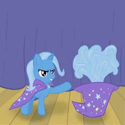 Size: 894x894 | Tagged: safe, artist:technocolt, derpibooru import, trixie, pony, unicorn, cape, clothes, curtain, female, hat, mare, raised hoof, solo, stage, trixie's cape, trixie's hat, wooden floor