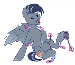 Size: 1437x1249 | Tagged: safe, artist:hellishprogrammer, derpibooru import, oc, oc:purring feathers, unofficial characters only, pegasus, pony, brush, crying, feather, fetish, frog (hoof), hoof fetish, hoof tickling, laughing, male, malesub, open mouth, paintbrush, raised hoof, raised leg, simple background, sitting, solo, stallion, submissive, tears of laughter, tickle torture, tickling, underhoof, unshorn fetlocks, white background