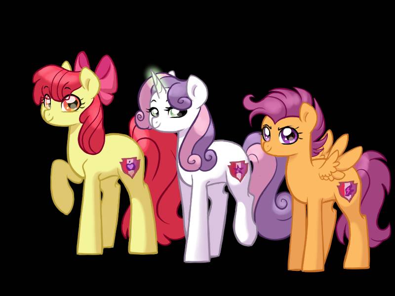 Size: 800x600 | Tagged: safe, artist:evergreen-gemdust, derpibooru import, apple bloom, scootaloo, sweetie belle, pony, growing up is hard to do, apple bloom's bow, black background, bow, cutie mark crusaders, hair bow, older, older apple bloom, older cmc, older scootaloo, older sweetie belle, simple background