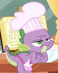 Size: 658x828 | Tagged: apron, bowl, chef, chef's hat, clothes, cropped, derpibooru import, faic, hat, just for sidekicks, mixing bowl, naked apron, recipe, safe, screencap, solo, spike, spike is not amused, unamused, wrinkles