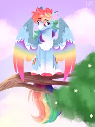 Size: 768x1024 | Tagged: safe, artist:wanderingpegasus, derpibooru import, rainbow dash, pegasus, pony, blaze (coat marking), cheek fluff, chest fluff, cloud, coat markings, colored hooves, colored wings, cute, dashabetes, ear fluff, female, leg fluff, lineless, mare, multicolored wings, rainbow wings, sky, solo, tree, tree branch, wing fluff, wings