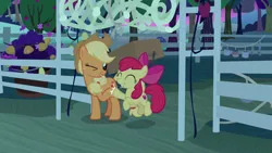 Size: 1280x720 | Tagged: safe, derpibooru import, screencap, apple bloom, applejack, pony, going to seed, apple, apple tree, box, fence, food, high five, net, trap (device), tree