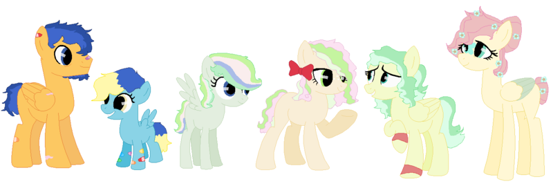Size: 1453x488 | Tagged: safe, artist:bruisesandbuttercups, derpibooru import, flash sentry, fluttershy, oc, oc:aloe vera, oc:maiden's blush, oc:medic marry, oc:mint tea, earth pony, pegasus, pony, alternate design, alternate hairstyle, bandaid, base used, beard, blank flank, bow, colored wings, colored wingtips, facial hair, family, female, filly, flower, flower in hair, flutterflash, freckles, hair bow, hair bun, male, missing cutie mark, offspring, parent:flash sentry, parent:fluttershy, parents:flutterflash, scar, shipping, simple background, straight, tail bun, white background, wings