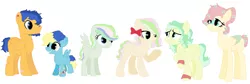 Size: 1453x488 | Tagged: safe, artist:bruisesandbuttercups, derpibooru import, flash sentry, fluttershy, oc, oc:aloe vera, oc:maiden's blush, oc:medic marry, oc:mint tea, earth pony, pegasus, pony, alternate design, alternate hairstyle, bandaid, base used, beard, blank flank, bow, colored wings, colored wingtips, facial hair, family, female, filly, flower, flower in hair, flutterflash, freckles, hair bow, hair bun, male, missing cutie mark, offspring, parent:flash sentry, parent:fluttershy, parents:flutterflash, scar, shipping, simple background, straight, tail bun, white background, wings