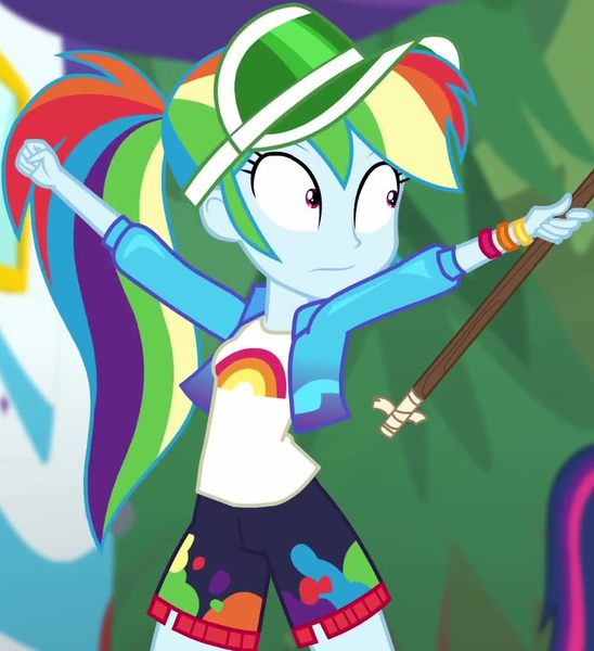 Size: 813x890 | Tagged: safe, derpibooru import, screencap, rainbow dash, sci-twi, twilight sparkle, equestria girls, equestria girls series, sunset's backstage pass!, spoiler:eqg series (season 2), cap, clothes, cropped, cute, dashabetes, female, hat, jacket, paddle, ponytail, rainbow, rv, shirt, shorts, shrunken pupils, t-shirt, wristband