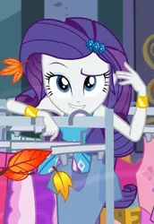 Size: 723x1050 | Tagged: safe, derpibooru import, screencap, rarity, equestria girls, equestria girls series, street chic, spoiler:eqg series (season 2), autumn, beautiful, bracelet, clothes, clothes rack, cropped, female, jewelry, leaves, lip bite, looking at you, raised eyebrow, smiling, solo, wind