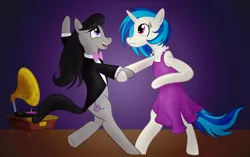 Size: 2680x1680 | Tagged: safe, artist:sixes&sevens, derpibooru import, octavia melody, vinyl scratch, pony, bowtie, clothes, dancing, dress, female, holding hooves, inktober, inktober 2019, jewelry, lesbian, missing accessory, necklace, phonograph, scratchtavia, shipping, suit