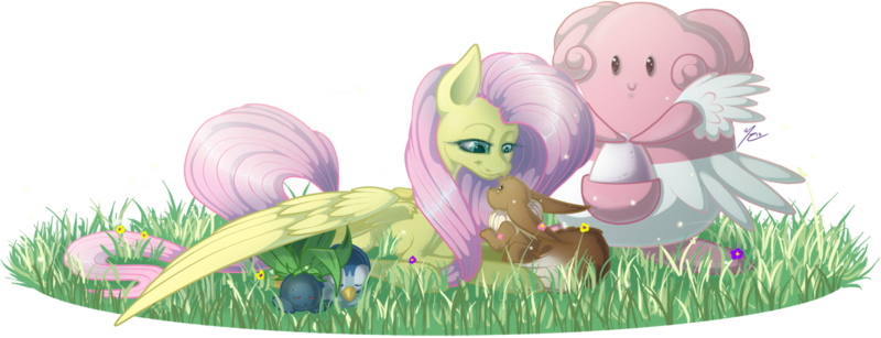 Size: 1532x588 | Tagged: artist:ruaniamh, blissey, c:, crossover, cute, derpibooru import, eevee, eyes closed, firefly (insect), fluttershy, grass, hug, insect, lidded eyes, oddish, piplup, pokémon, prone, safe, simple background, sleeping, smiling, transparent background, winghug