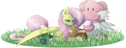 Size: 1532x588 | Tagged: artist:ruaniamh, blissey, c:, crossover, cute, derpibooru import, eevee, eyes closed, firefly (insect), fluttershy, grass, hug, insect, lidded eyes, oddish, piplup, pokémon, prone, safe, simple background, sleeping, smiling, transparent background, winghug