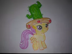 Size: 3968x2976 | Tagged: apple, appleoosa's most wanted, artist:cmc--scootaloo, cactus, cactus hat, clothes, cute, cutealoo, derpibooru import, food, hat, safe, scootaloo, season 5, the daily crusade, traditional art, wings, wings down